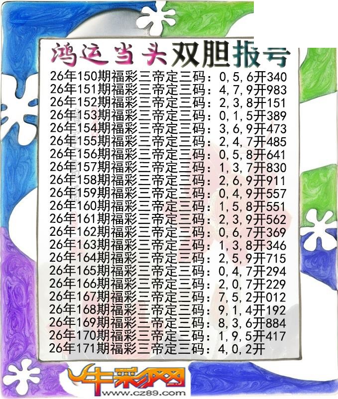 鸿运当头双胆报号171期体彩P3图谜