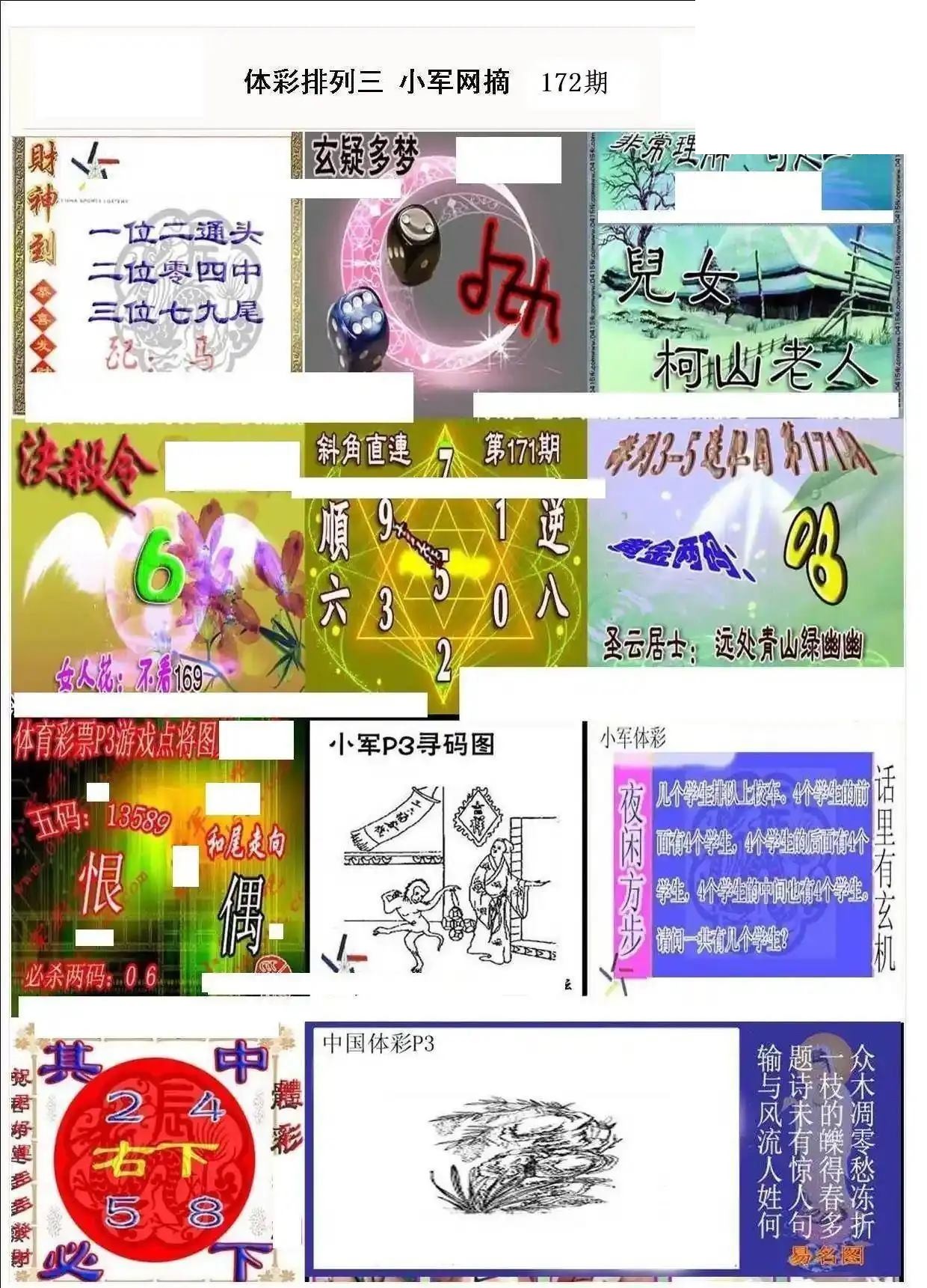 小军网摘26年172期体彩P3彩报图谜