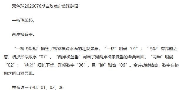 26年福彩双色球076期 白玫瑰定蓝球字谜