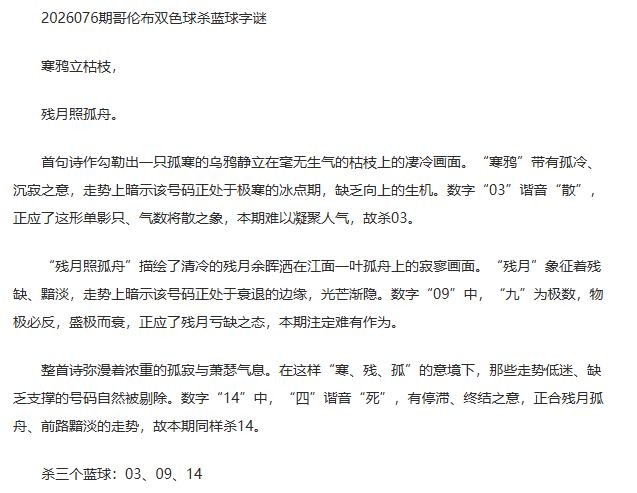 26年福彩双色球076期 哥伦布一句杀蓝球字谜