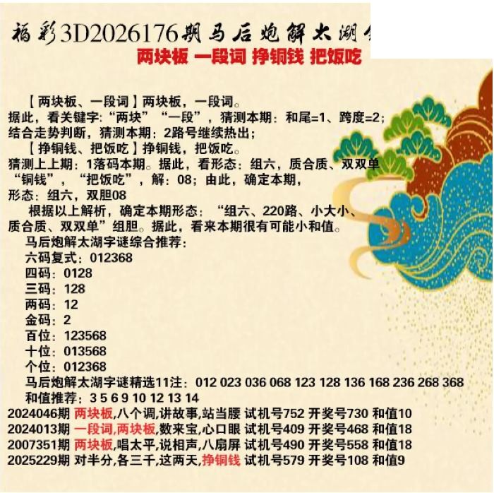 马后炮解26年176期3d太湖钓叟之 把饭吃 
