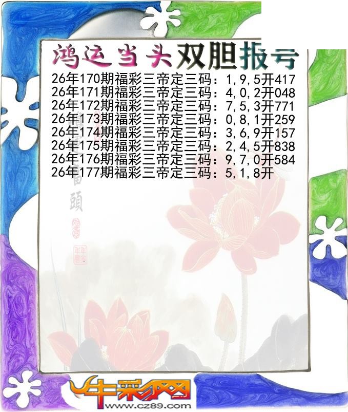 鸿运当头双胆报号177期体彩P3图谜