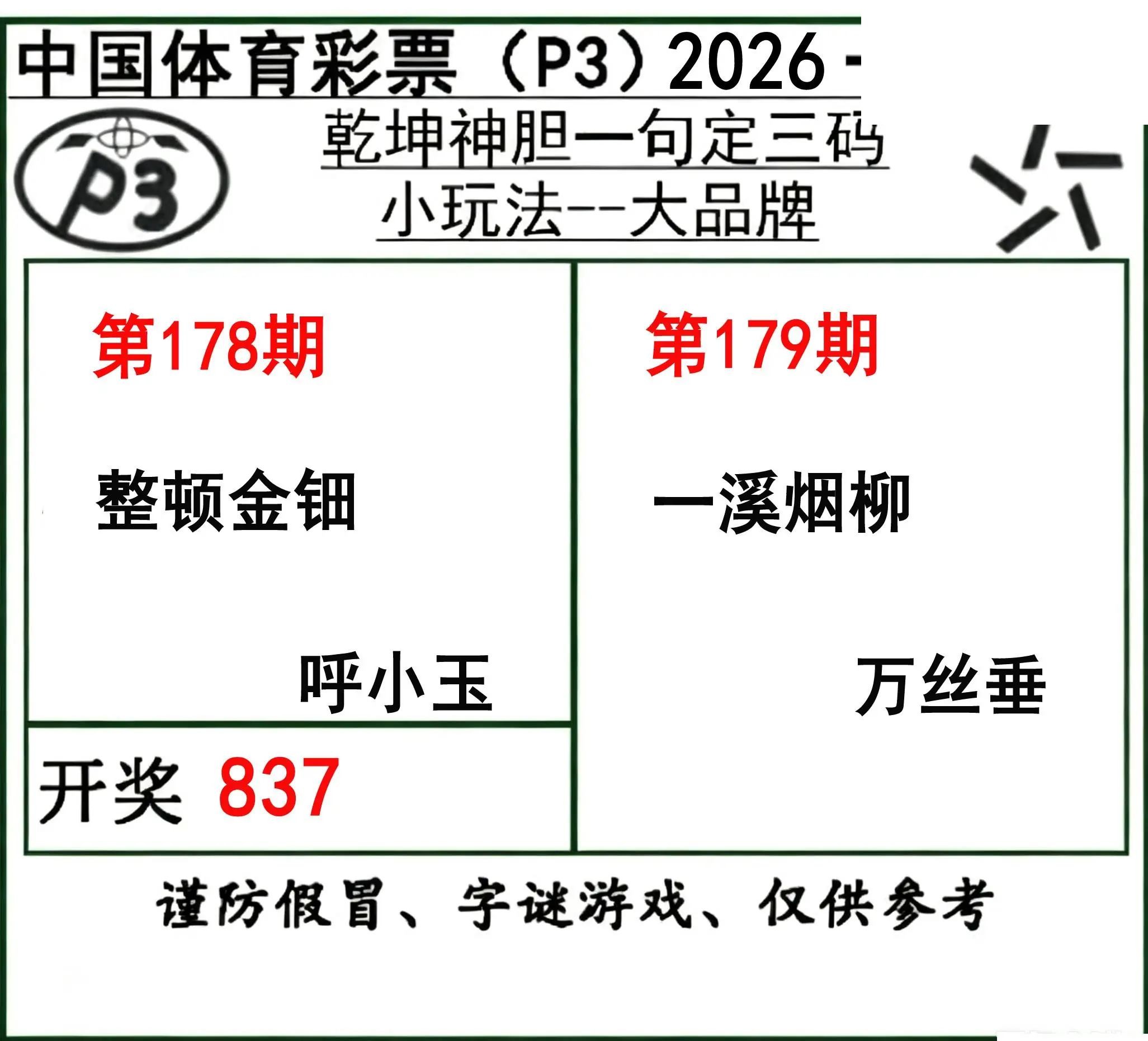 乾坤一句定三码26年179期P3图谜