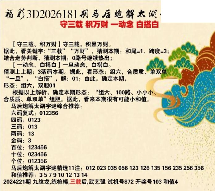 马后炮解26年181期3d太湖钓叟之 白搭白 