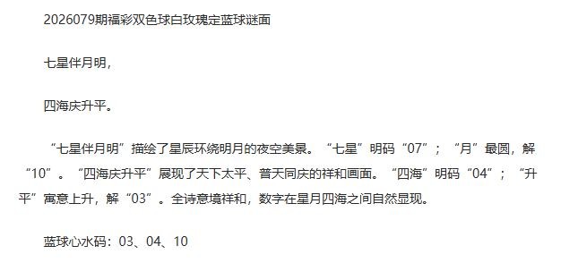 26年福彩双色球079期 白玫瑰定蓝球字谜