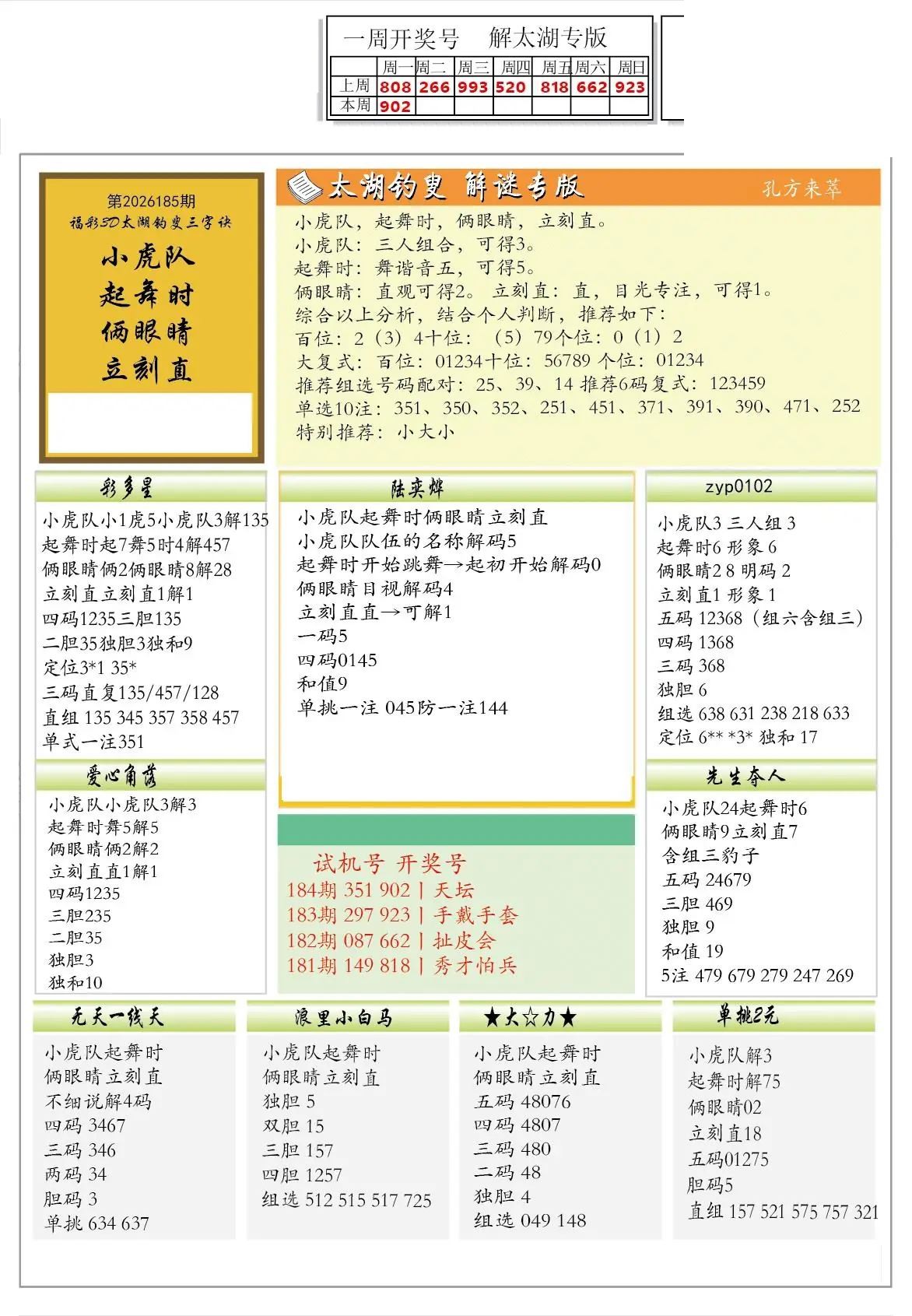 2026185期解太湖3d字图迷汇总报