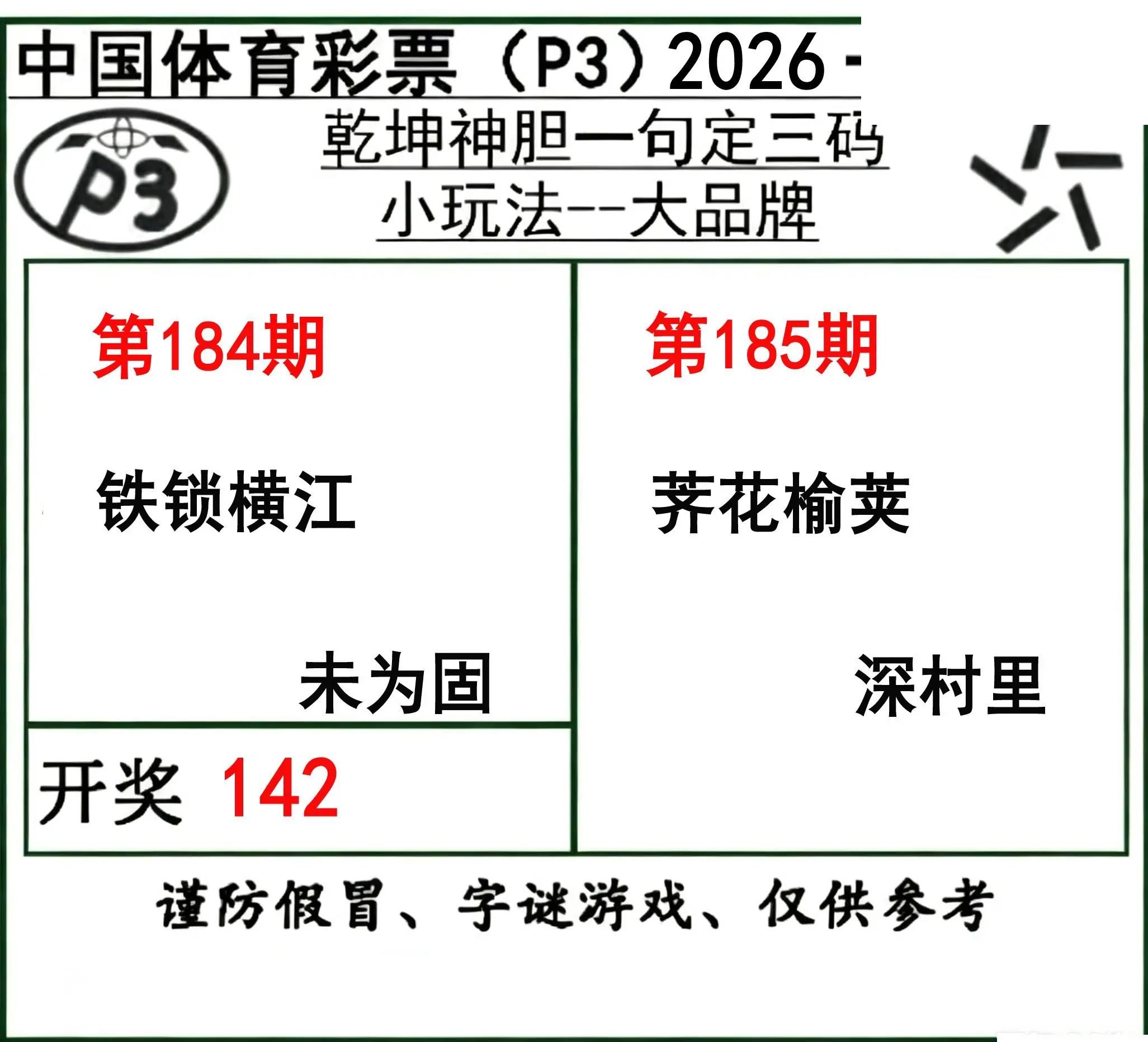 乾坤一句定三码26年185期P3图谜