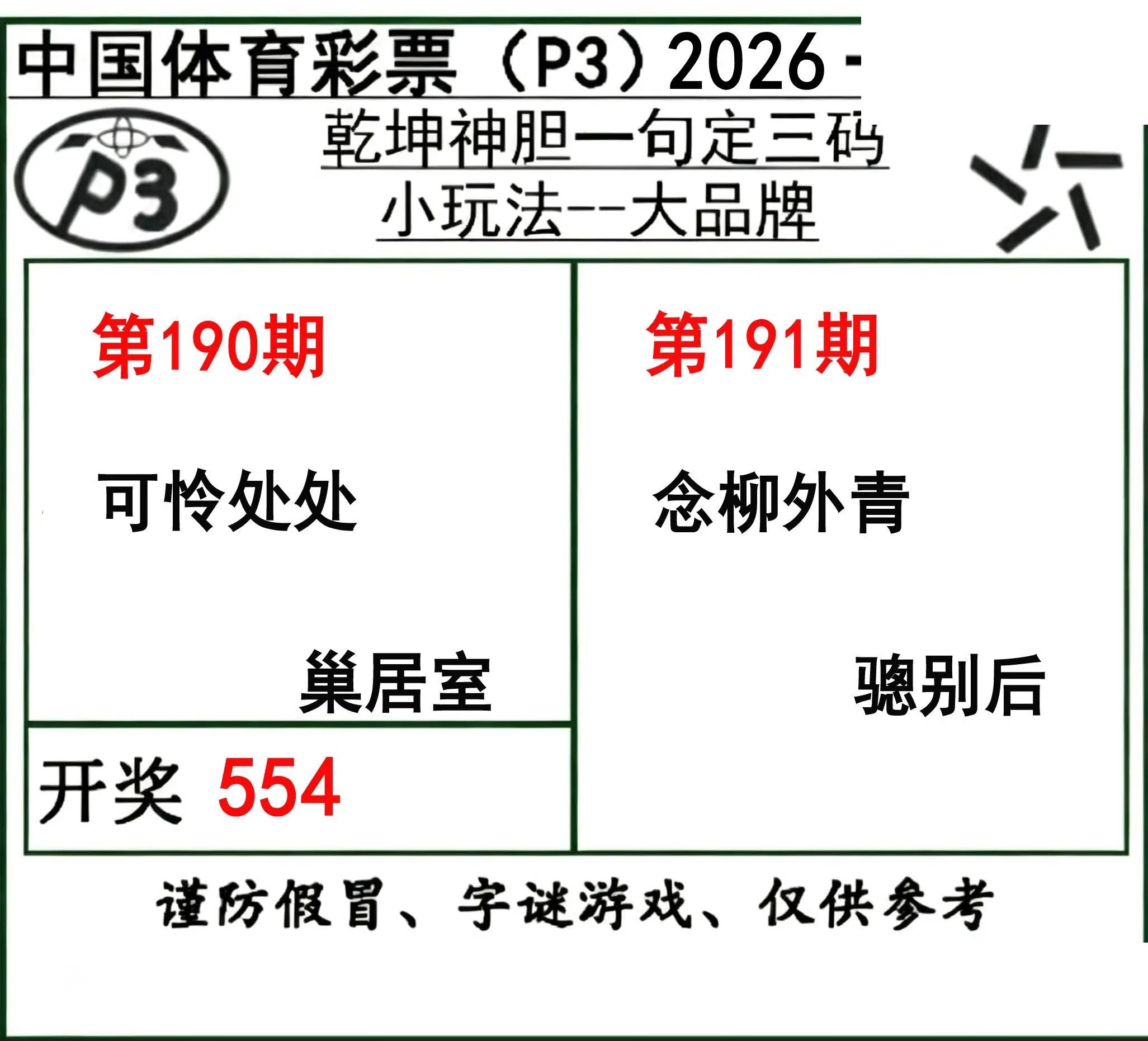 乾坤一句定三码26年191期P3图谜