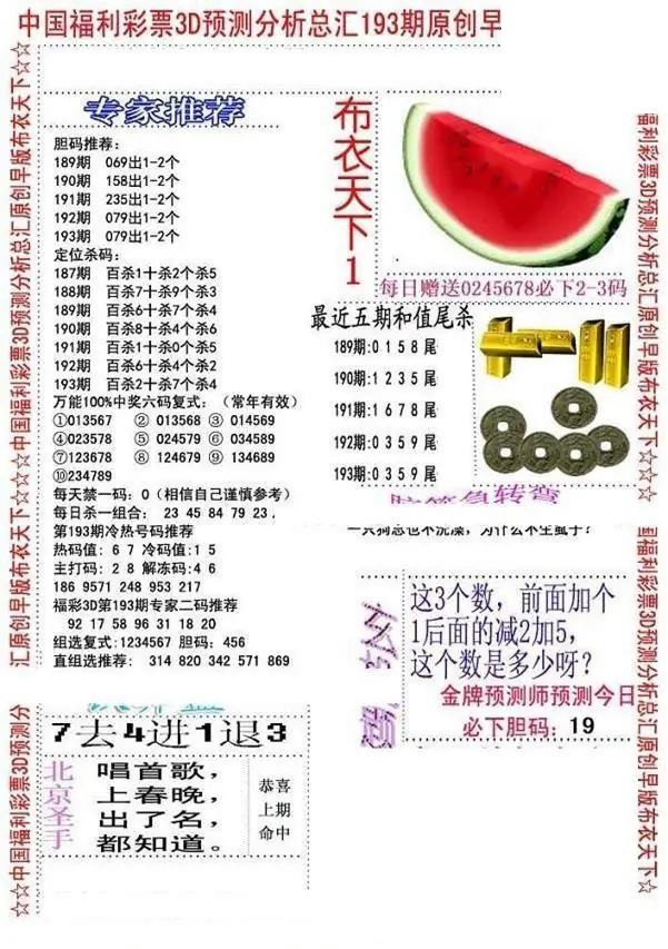 早版布衣2026193期3d图谜
