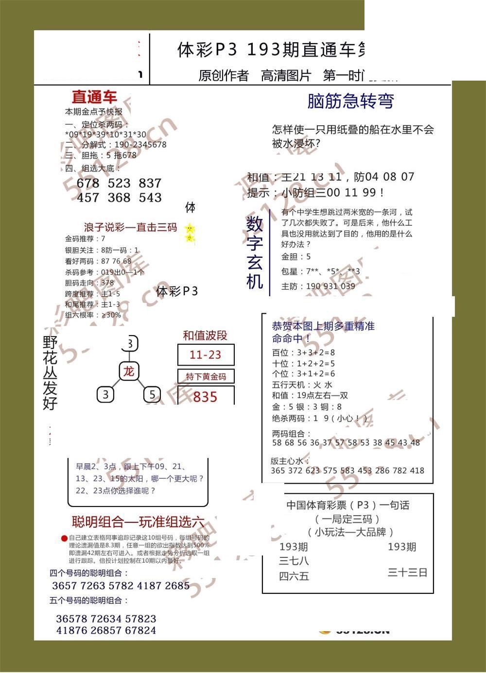 直通车AB版193期体彩p3图谜