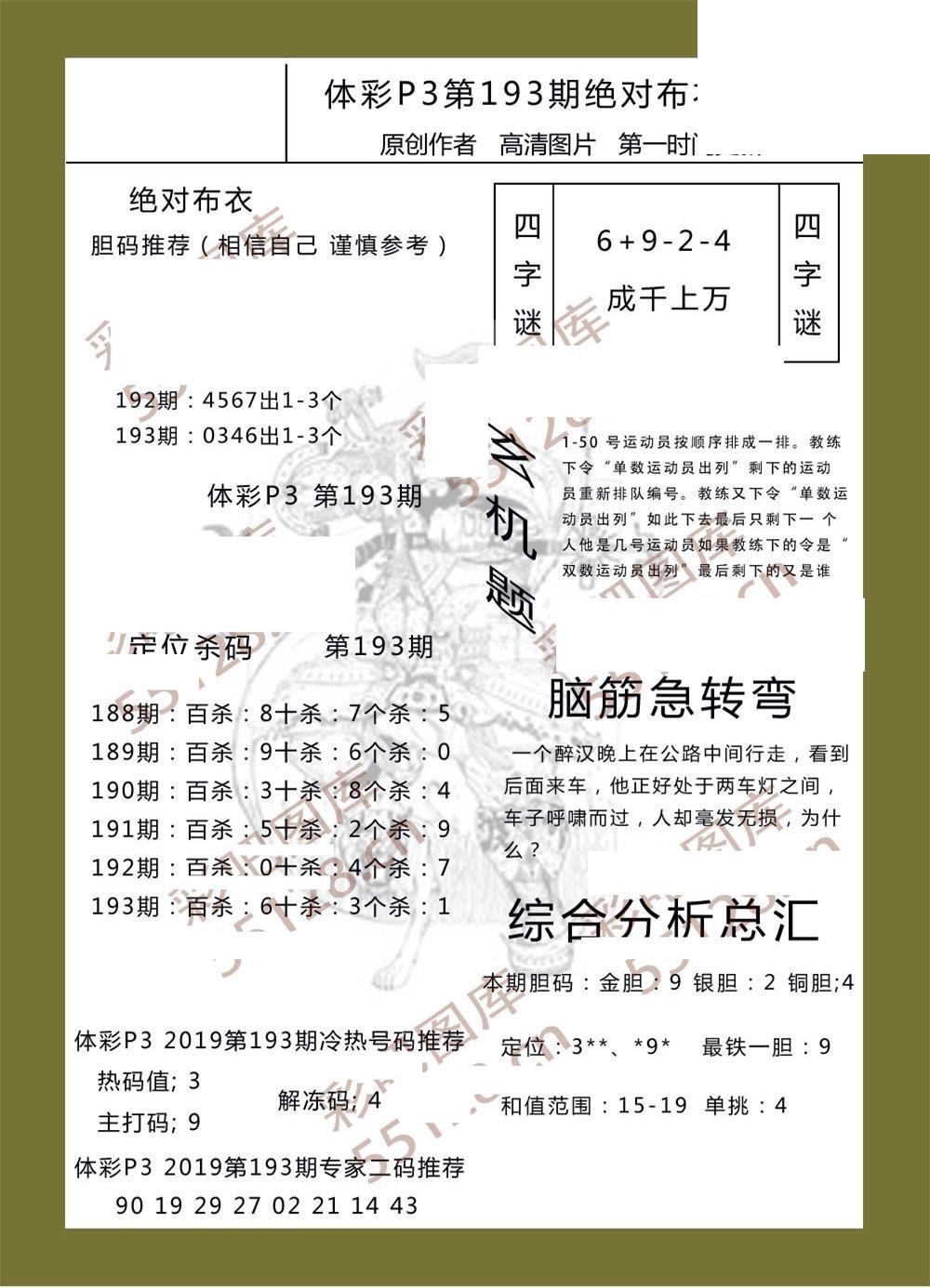 绝对布衣193期体彩p3图谜