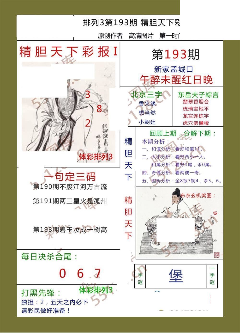 精胆天下彩报193期体彩p3图谜
