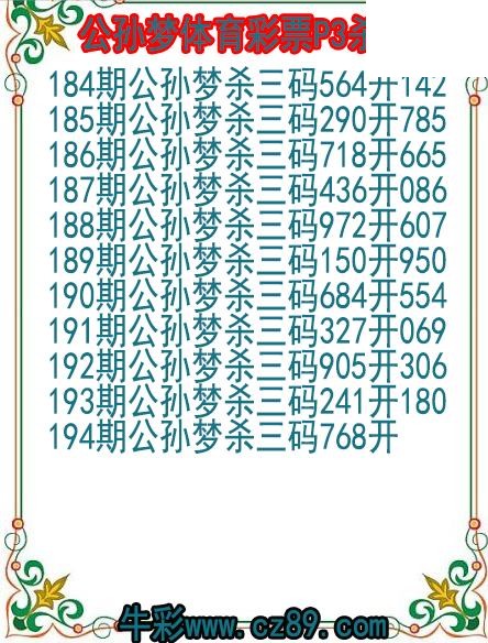 26年194期公孙梦体育彩票P3杀码图