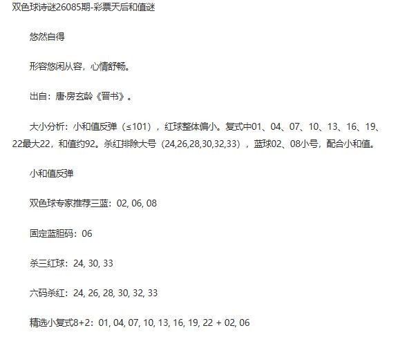 26年福彩双色球085期 彩票天后和值谜