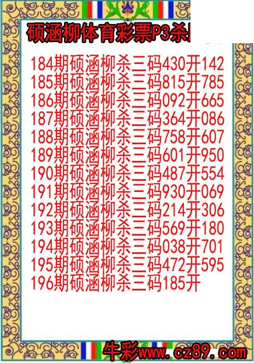 26年196期硕涵柳体育彩票P3杀胆图