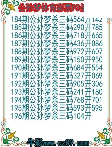 26年196期公孙梦体育彩票P3杀码图