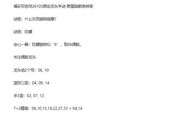 26年福彩双色球105期 群星脑筋急转弯定龙头字谜