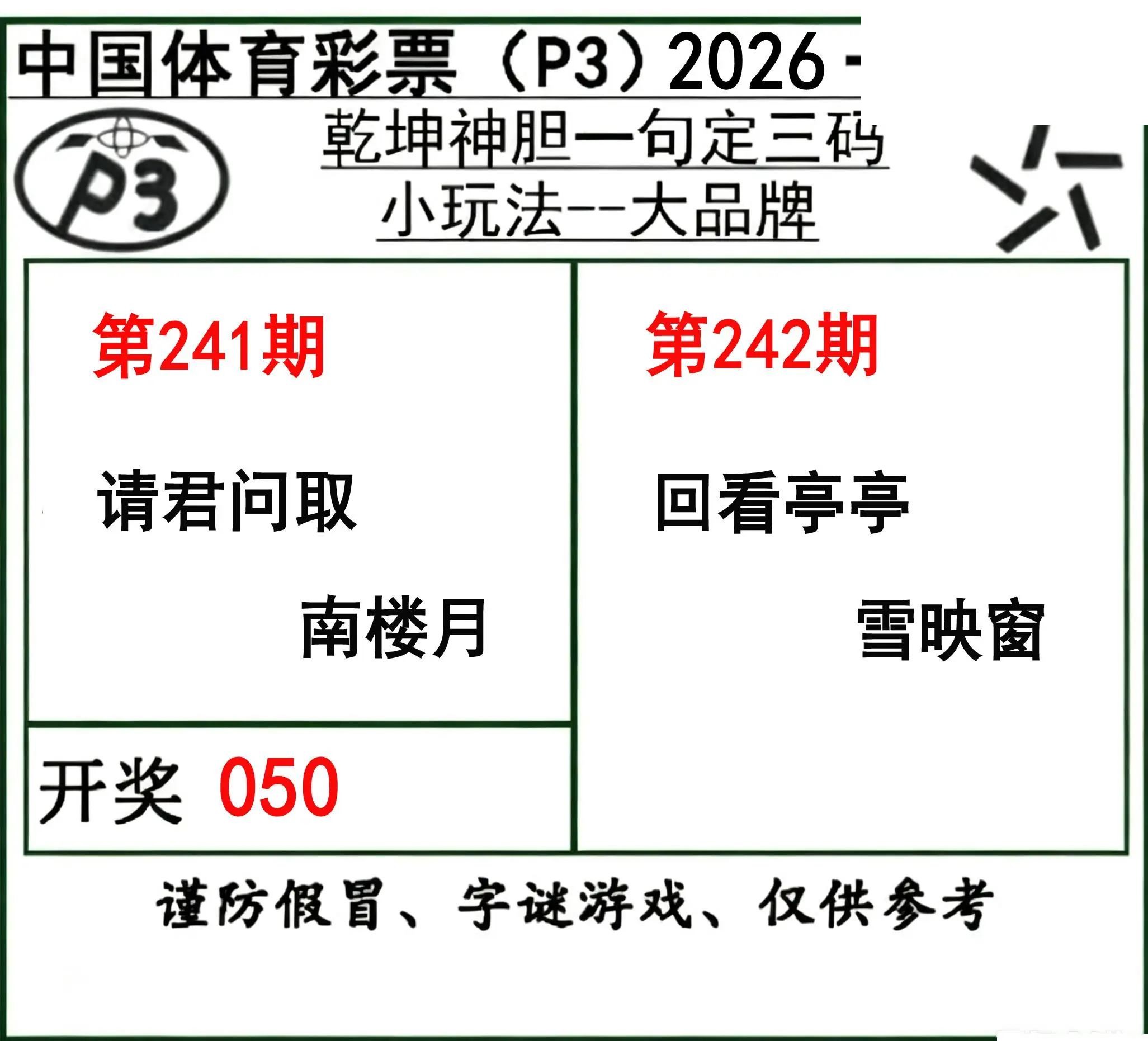 乾坤一句定三码26年242期P3图谜