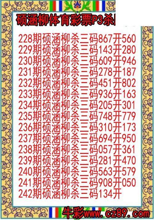 26年242期硕涵柳体育彩票P3杀胆图