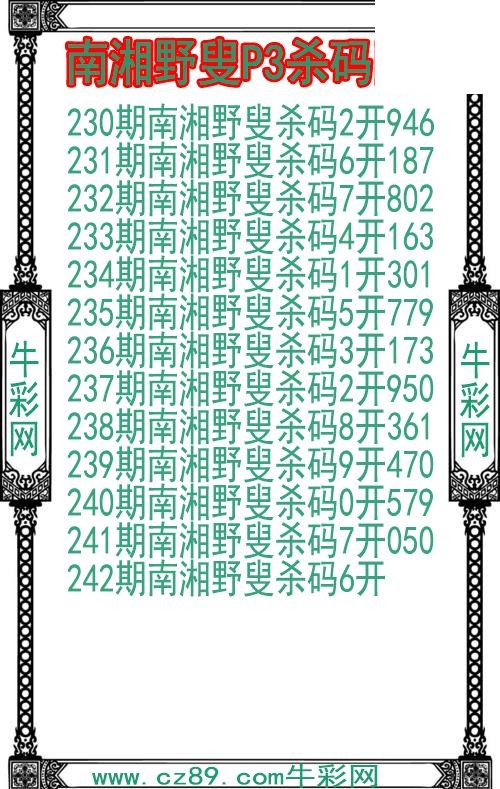 26年242期南湘野叟P3杀码图