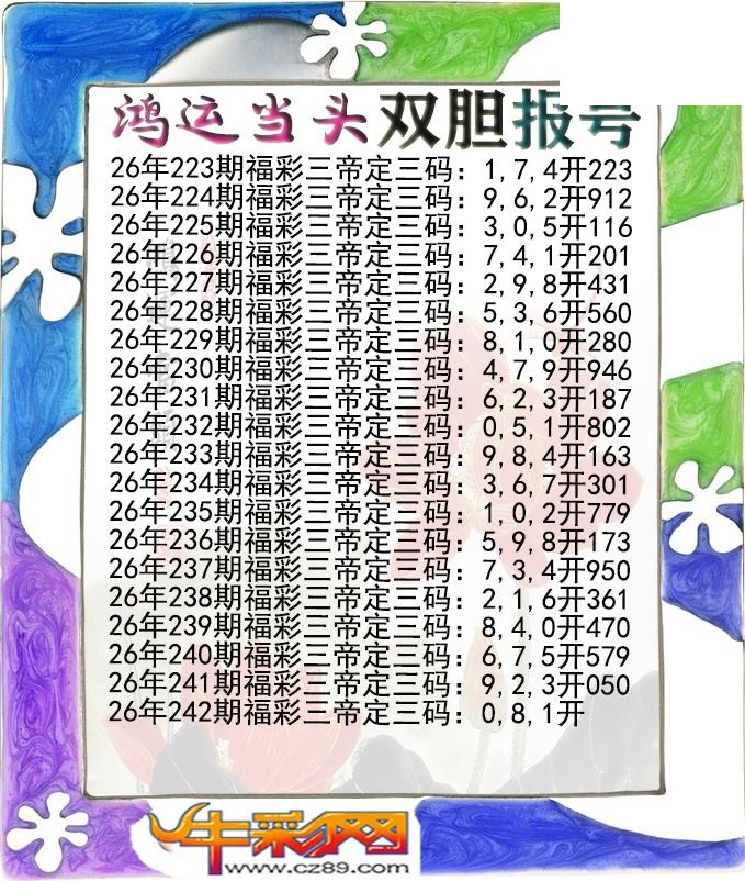 鸿运当头双胆报号242期体彩P3图谜