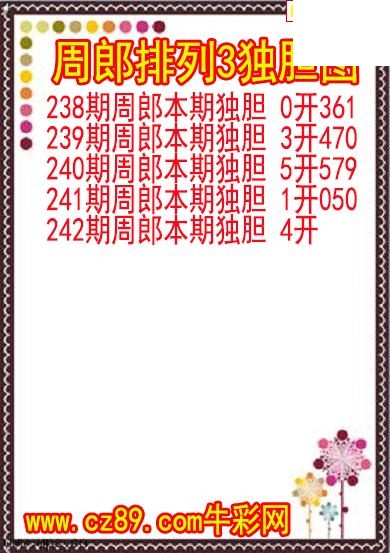 26年242期周郎排列3独胆图