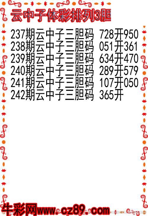26年242期云中子体彩排列3胆码图